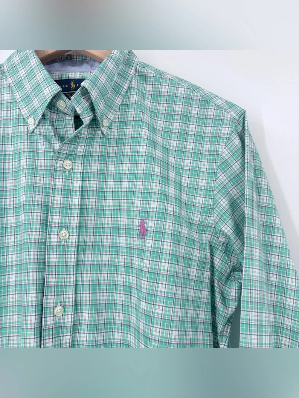 Polo Ralph Lauren Men’s Green White Long Sleeve Plaid Button Down Shirt